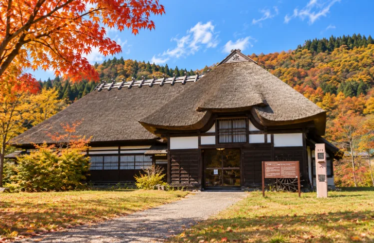 紅葉に囲まれた茅葺き屋根の里の家を描いた秋のイメージ画像