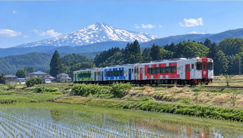 雪の残る鳥海山を背景に田園地帯を走る由利高原鉄道の3両編成