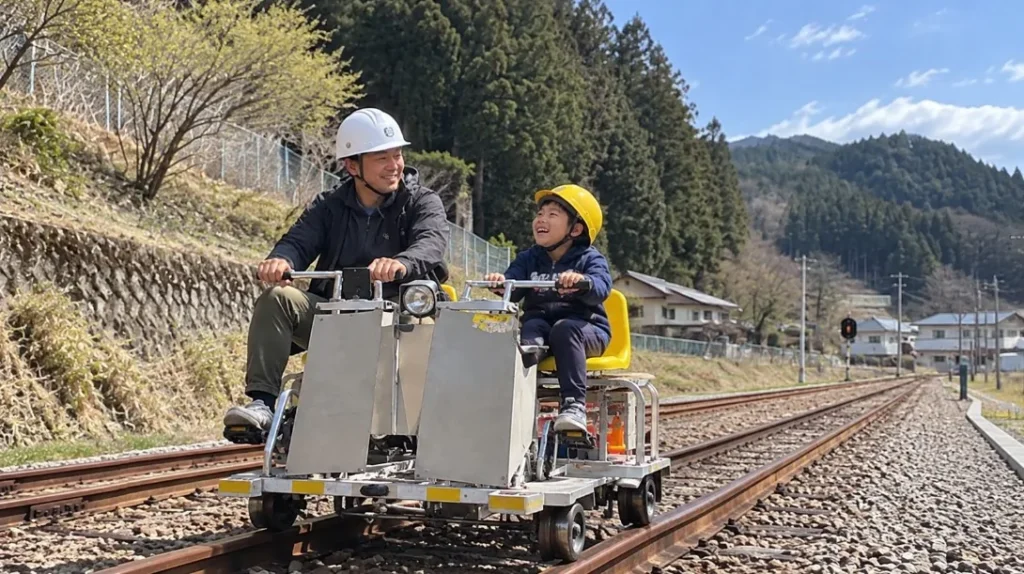 ヘルメットを着用した大人と子どもが線路上でレールバイクに乗る様子