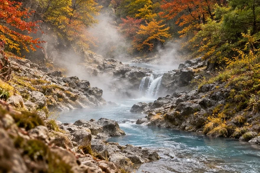 赤や黄色の紅葉に囲まれた岩場の渓谷で、青い川と湯けむりのような霧が見える風景