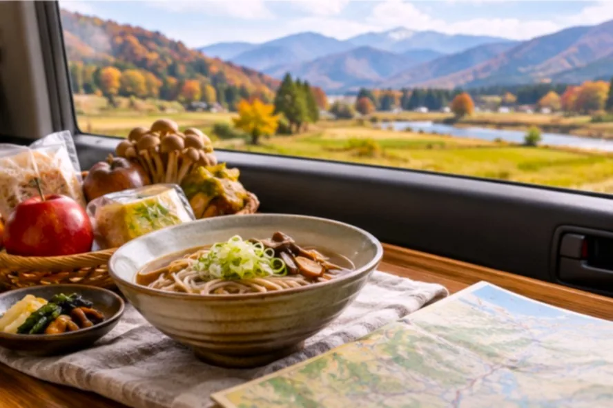 秋の山並みを望む車窓のそばに置かれたそば料理やリンゴ、キノコなどの食べ物