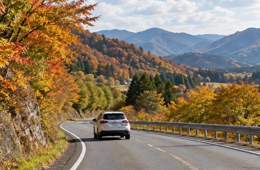 紅葉した山々に囲まれた曲がりくねった道路を白い車が走る秋のドライブ風景