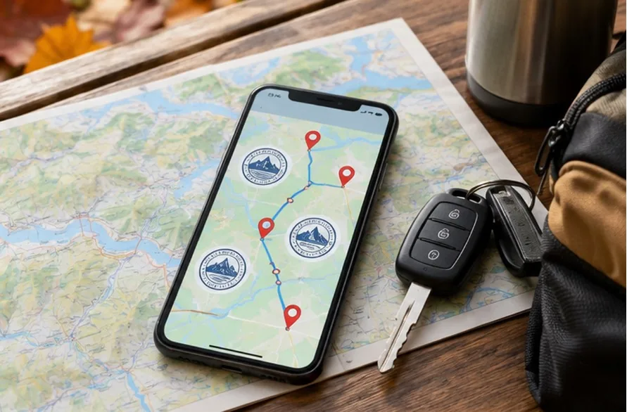 紙の地図の上にGPSの立ち寄り地点を表示したスマートフォンと車の鍵が置かれた様子